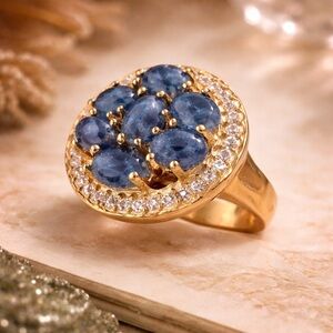 Blue Sapphire Cluster Ring Gold Over Silver Halo Statement Ring Size 7.75 #571